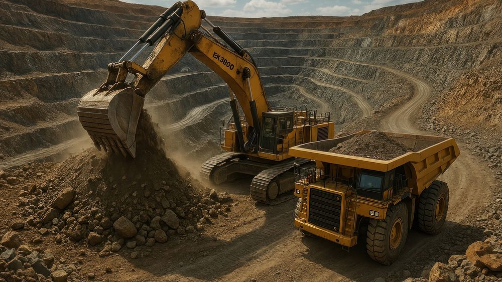 Excavator loading soil into a dump truck in an open-pit mine.