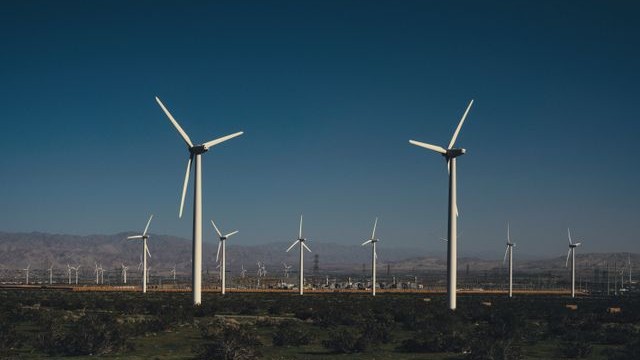 Wind turbines in a grassy landscape under clear blue sky.